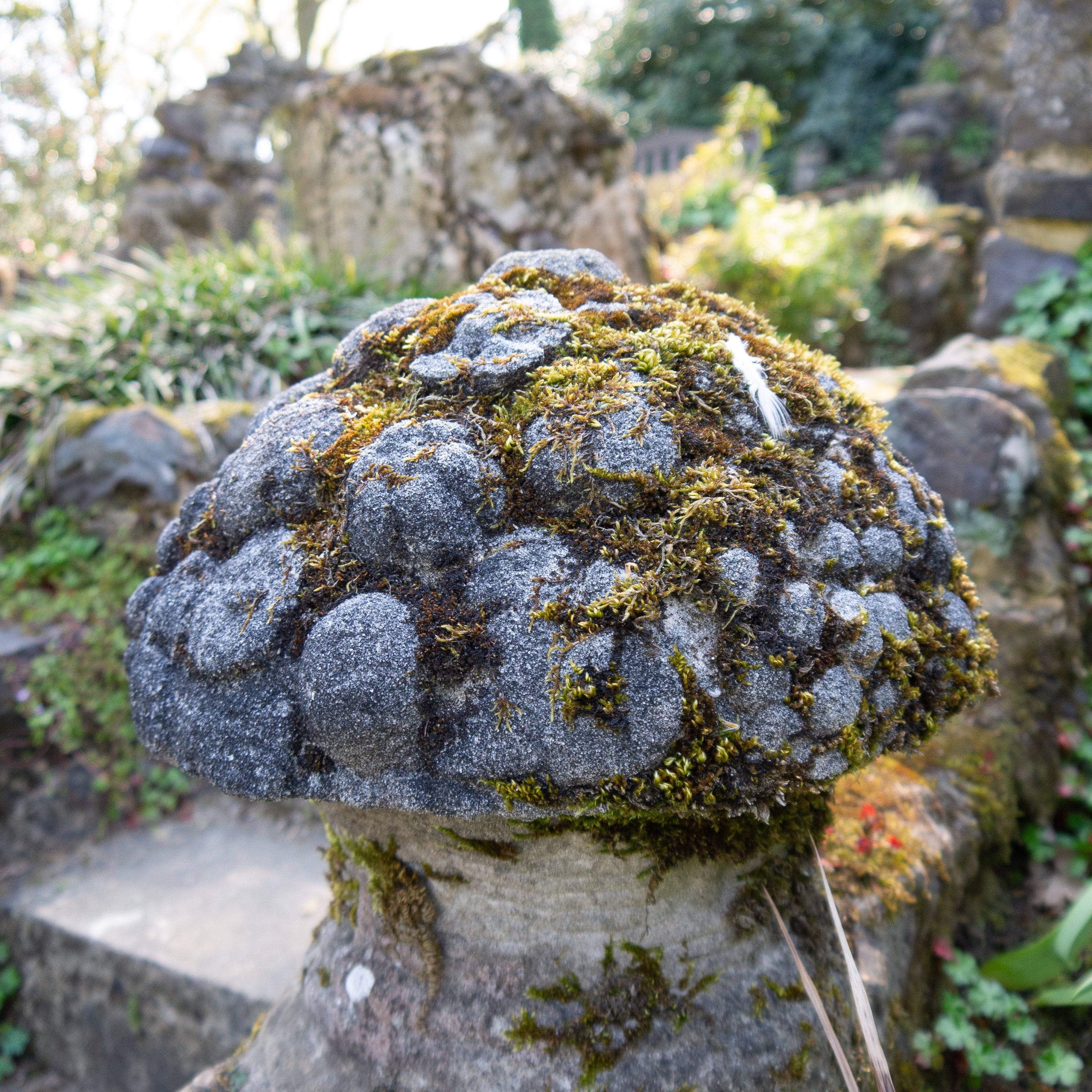 Aged Cast Stone Mushroom Garden Ornament with moss and lichen growing on it