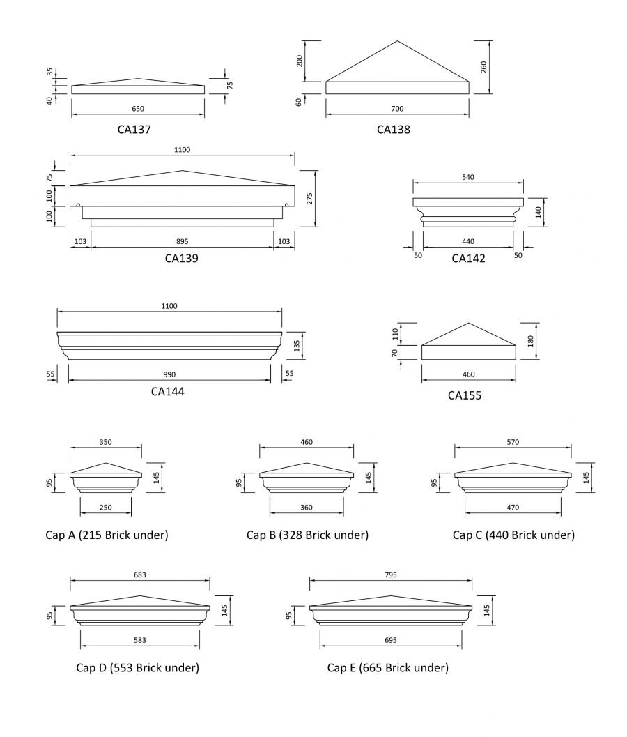 technical specifications drawings of various types of gate pier caps by chilstone