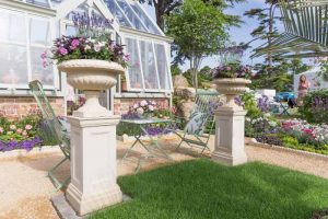 Traditional tazza planters full of summer flowers on a classical stone pedestal in a traditional garden design.
