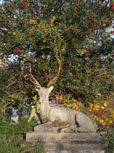 A large cast stone, Chilstone recumbent stag statue with large antlers, on a plinth.