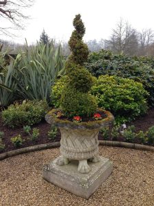 A large and ornate stone planter with basket weave lion's feet and plinth planted with evergreen topiary and winter bedding plants.